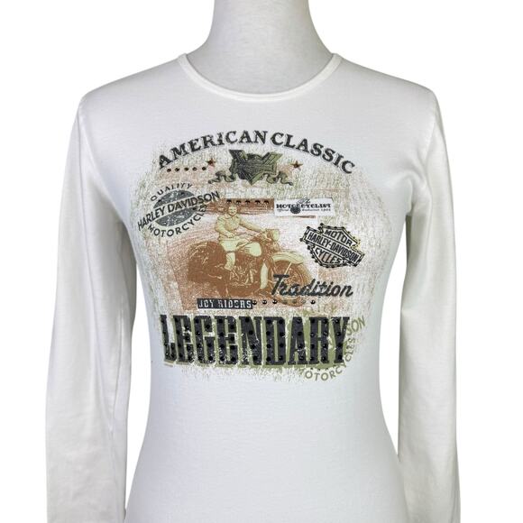 Harley Davidson White Long Sleeve Bedazzled Cotton Blend Logo Edgy Baby Tee - Picture 2 of 11